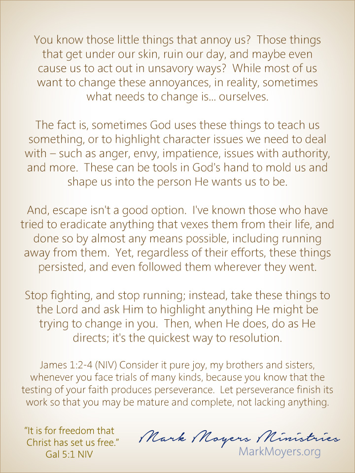 You know those little things that annoy us?  Those things that get under our skin, ruin our day, and maybe even cause us to act out in unsavory ways?  While most of us want to change these annoyances, in reality, sometimes what needs to change is... ourselves.  The fact is, sometimes God uses these things to teach us something, or to highlight character issues we need to deal with -- such as anger, envy, impatience, issues with authority, and more.  These can be tools in God's hand to mold us and shape us into the person He wants us to be.  And, escape isn't a good option.  I've known those who have tried to eradicate anything that vexes them from their life, and done so by almost any means possible, including running away from them.  Yet, regardless of their efforts, these things persisted, and even followed them wherever they went.  Stop fighting, and stop running; instead, take these things to the Lord and ask Him to highlight anything He might be trying to change in you.  Then, when He does, do as He directs; it's the quickest way to resolution.  James 1:2-4 (NIV) Consider it pure joy, my brothers and sisters, whenever you face trials of many kinds, because you know that the testing of your faith produces perseverance.  Let perseverance finish its work so that you may be mature and complete, not lacking anything.